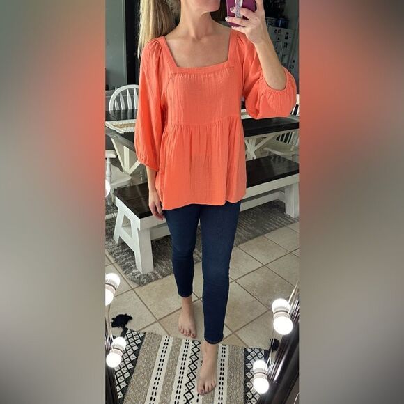 Mud Pie Sydney Orange Square Neck Gauze Babydoll Tiered Boho Top - Picture 2 of 7